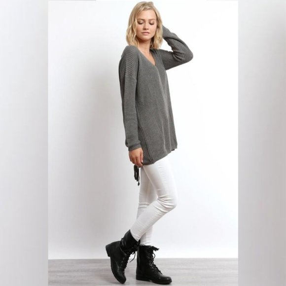 Lace Up Back Sweater Top - Grey - Picture 4 of 5